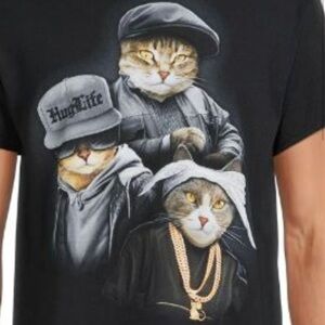 DOM Cat Rapper Trio Hug Life Black Cotton T-Shirt Size Medium Unisex
